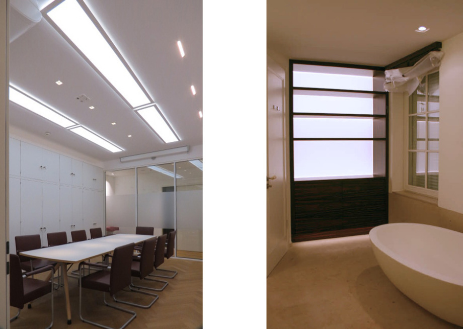 LED-Flächenlicht Module BASIC-W als Raumbeleuchtung im Besprechungszimmer eines Büros und als Lichtregal in einem Badezimmer